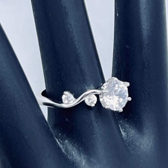 Dainty Silver Tone And Clear Rhinestone Engagement Ring Signed GR Thiland (R373) - Picture 3 of 6